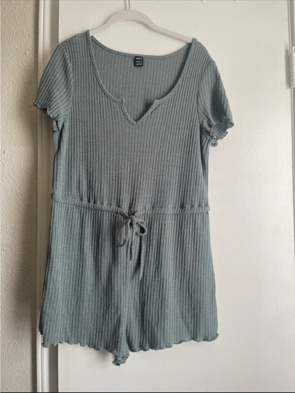 SHEIN Ribbed Scoop Neck Romper in Sage Green